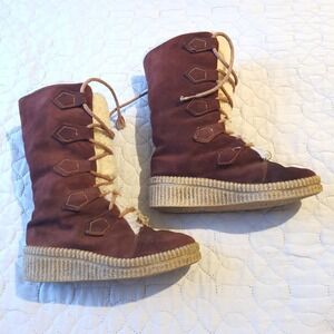Vintage Brown Suede Leather Faux Fur Boots Sherpa Lined USA Womens 7 Eskimo